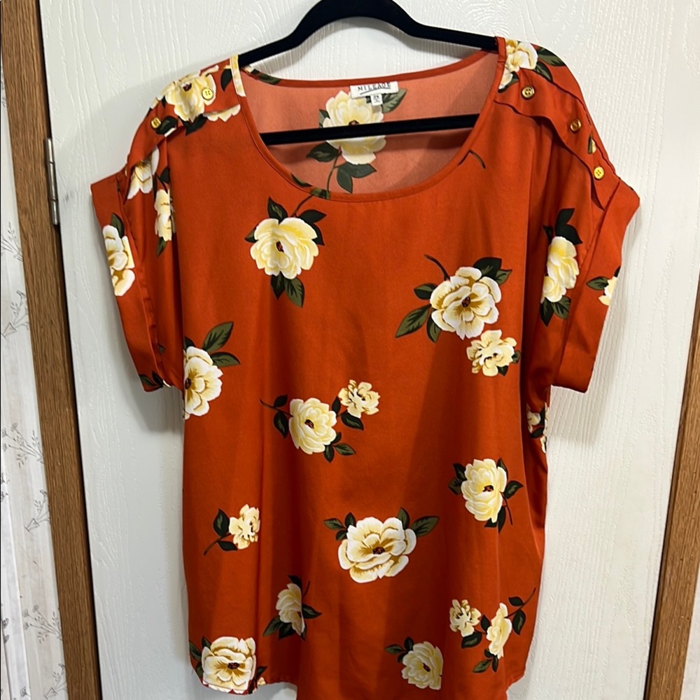 Brown Orange Relaxed Boxy Blouse with Short Sleeves